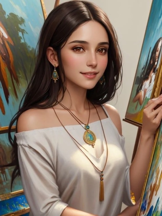 Anaya, a young spiritual seeker; AI-generated character with dark brown shoulder-length hair, modern casual attire with spiritual accessories.